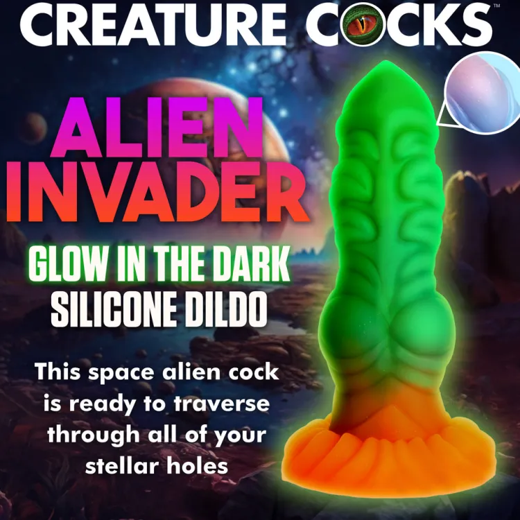 Creature Cocks Silicone Dildos>Alien Invader Glow-In-The-Dark Silicone Dildo
