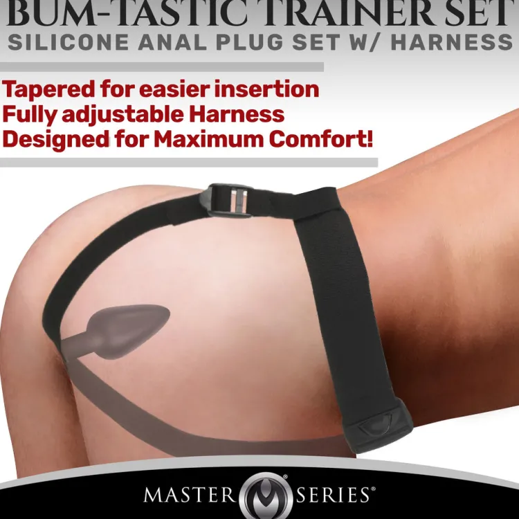 Master Series Anal Pegging Toys | Butt Plugs>Bum-Tastic Trainer Set Silicone 3 Piece Anal Plug Set with Harness
