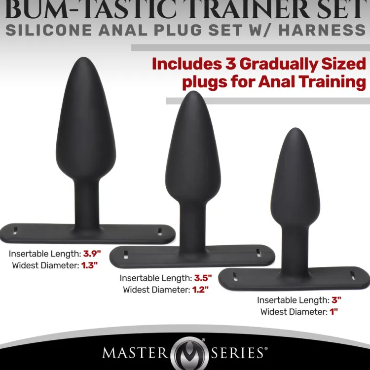 Master Series Anal Pegging Toys | Butt Plugs>Bum-Tastic Trainer Set Silicone 3 Piece Anal Plug Set with Harness