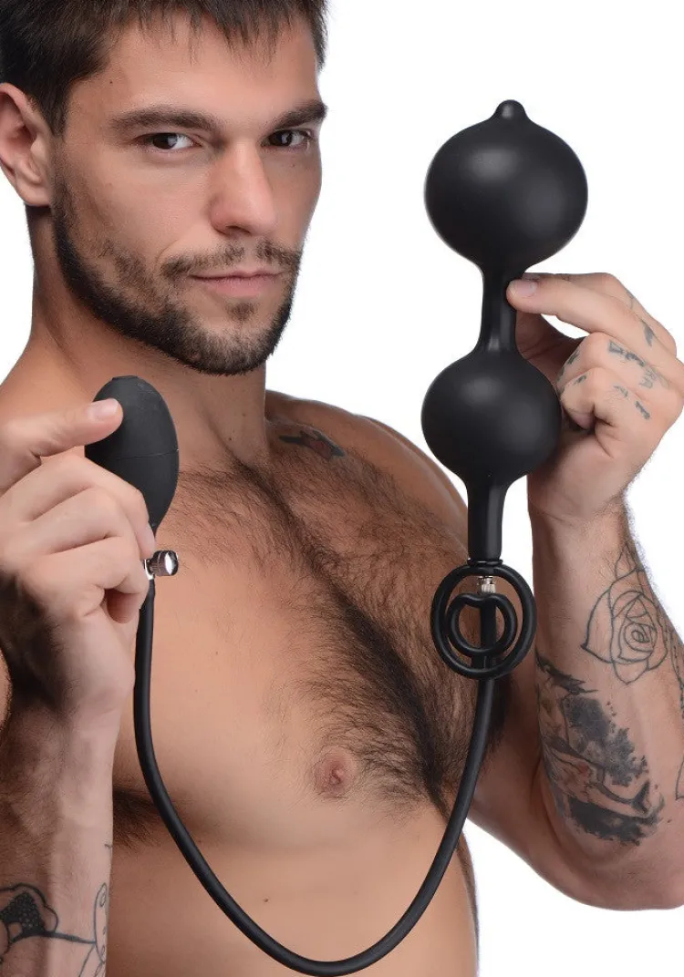 Master Series Unique Anal Toys | Butt Plugs>Devils Rattle Inflatable Silicone Anal Plug with Cock and Ball Ring