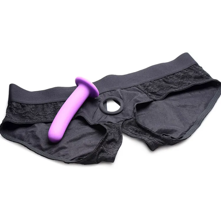 Strap U Anal Pegging Toys | Strap-On Harnesses & Dildos>Lace Envy Black Pegging Set with Lace Crotchless Panty Harness and Dildo - L-XL