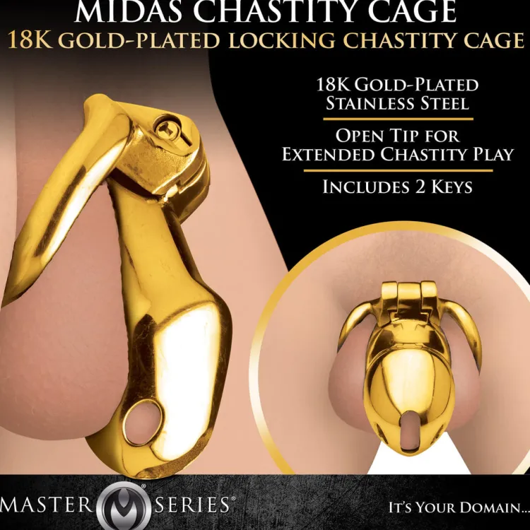 Master Series Chastity Devices | Penis Rings>Midas 18K Gold-Plated Locking Chastity Cage