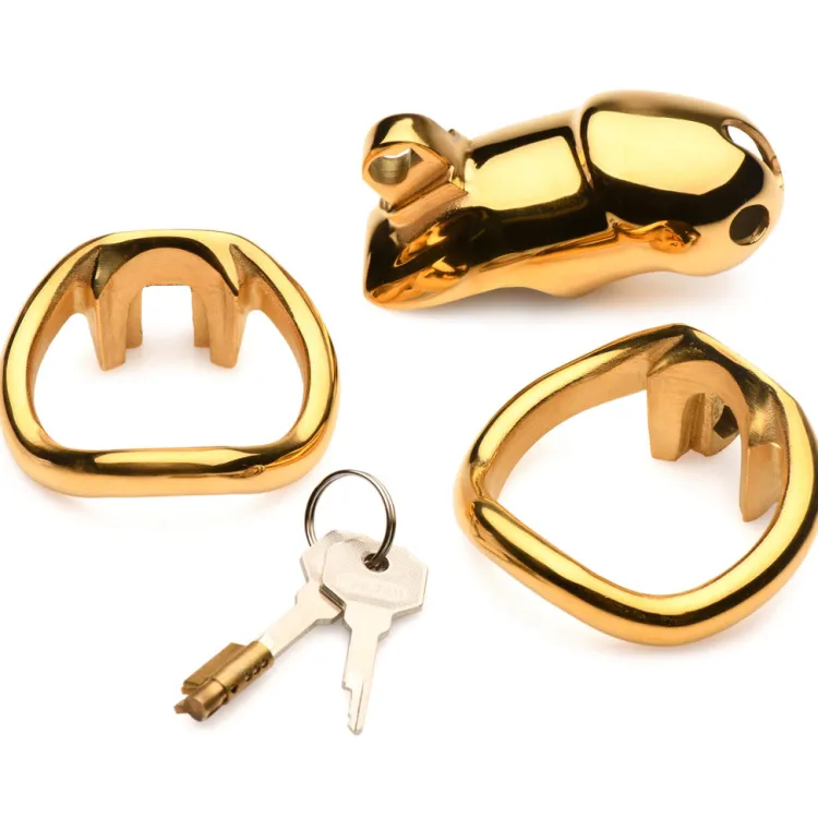 Master Series Chastity Devices | Penis Rings>Midas 18K Gold-Plated Locking Chastity Cage