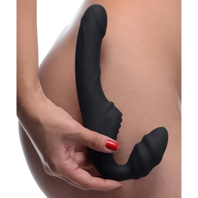 Strap U Anal Pegging Toys | Strapless Strap On Dildos>Slim Rider Ribbed Vibrating Silicone Strapless Strap On