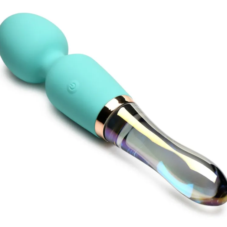 Prisms Erotic Glass Silicone Vibrators | Rechargeable Vibrators>10X Turquoise Dual Ended Silicone and Glass Wand