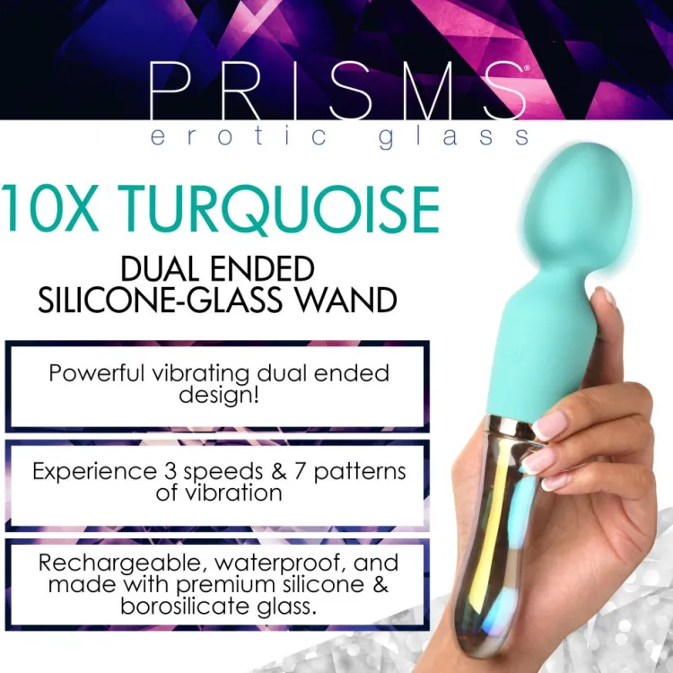 Prisms Erotic Glass Silicone Vibrators | Rechargeable Vibrators>10X Turquoise Dual Ended Silicone and Glass Wand